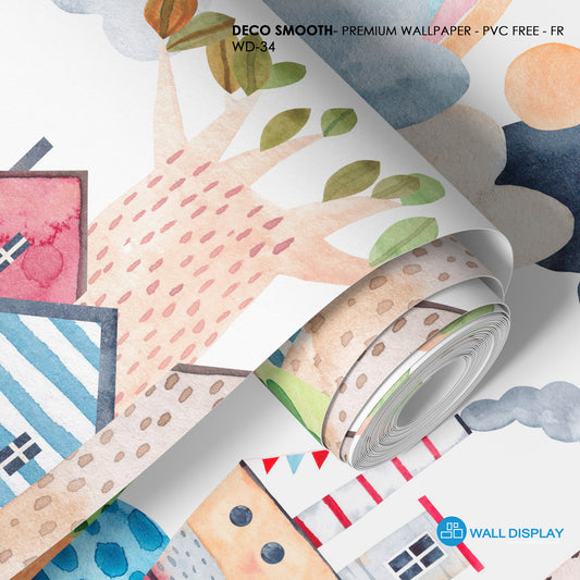 Hills Village Adventure Nursery Wallpaper with pastel watercolor houses, rolling hills, trees, rainbow, balloon, and playful village details