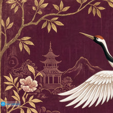 Load image into Gallery viewer, Japanese Crane Garden Wallpaper Mural with white cranes, cherry blossoms, dragonflies, pagodas, and gold botanical details on an aubergine plum background
