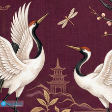 Load image into Gallery viewer, Japanese Crane Garden Wallpaper Mural with white cranes, cherry blossoms, dragonflies, pagodas, and gold botanical details on an aubergine plum background
