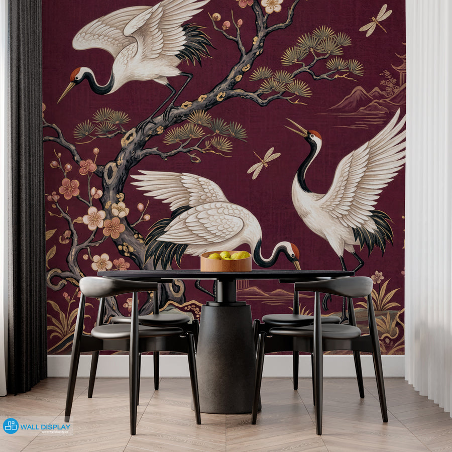 Japanese Crane Garden Wallpaper Mural with white cranes, cherry blossoms, dragonflies, pagodas, and gold botanical details on an aubergine plum background