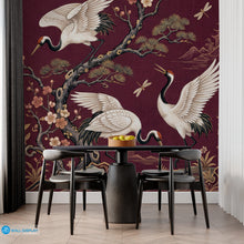 Load image into Gallery viewer, Japanese Crane Garden Wallpaper Mural with white cranes, cherry blossoms, dragonflies, pagodas, and gold botanical details on an aubergine plum background
