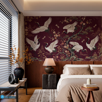 Japanese Crane Garden Wallpaper Mural with white cranes, cherry blossoms, dragonflies, pagodas, and gold botanical details on an aubergine plum background