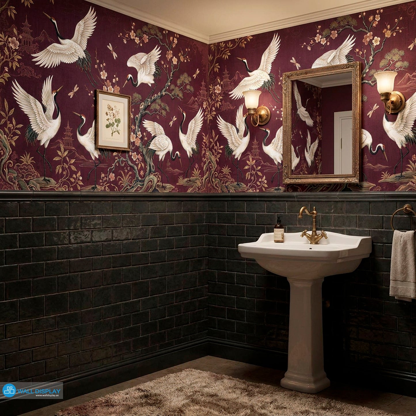 Japanese Crane Garden Wallpaper Mural with white cranes, cherry blossoms, dragonflies, pagodas, and gold botanical details on an aubergine plum background