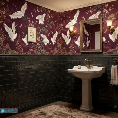 Japanese Crane Garden Wallpaper Mural with white cranes, cherry blossoms, dragonflies, pagodas, and gold botanical details on an aubergine plum background