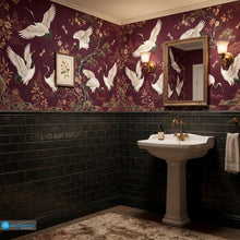 Load image into Gallery viewer, Japanese Crane Garden Wallpaper Mural with white cranes, cherry blossoms, dragonflies, pagodas, and gold botanical details on an aubergine plum background

