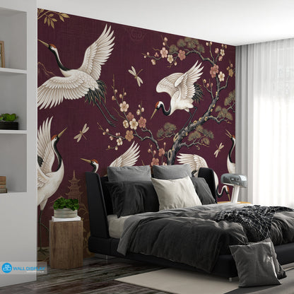 Japanese Crane Garden Wallpaper Mural with white cranes, cherry blossoms, dragonflies, pagodas, and gold botanical details on an aubergine plum background