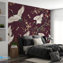 Load image into Gallery viewer, Japanese Crane Garden Wallpaper Mural with white cranes, cherry blossoms, dragonflies, pagodas, and gold botanical details on an aubergine plum background
