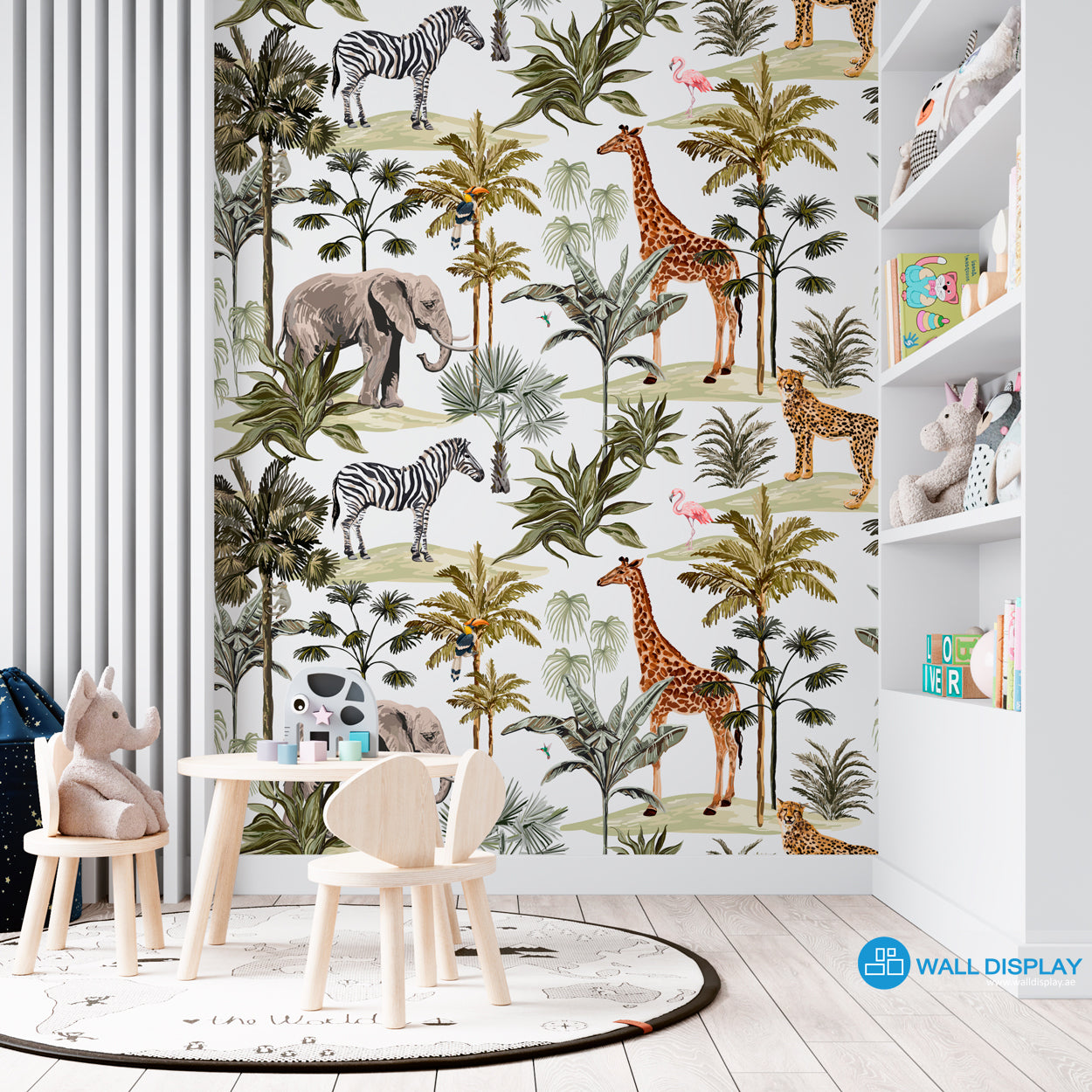 Jungle playground kids wallpaper with giraffe, elephant, zebra, cheetah, flamingo, toucan, palm trees, and tropical leaves on white background.