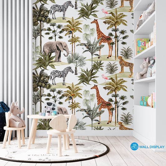 Jungle playground kids wallpaper with giraffe, elephant, zebra, cheetah, flamingo, toucan, palm trees, and tropical leaves on white background.