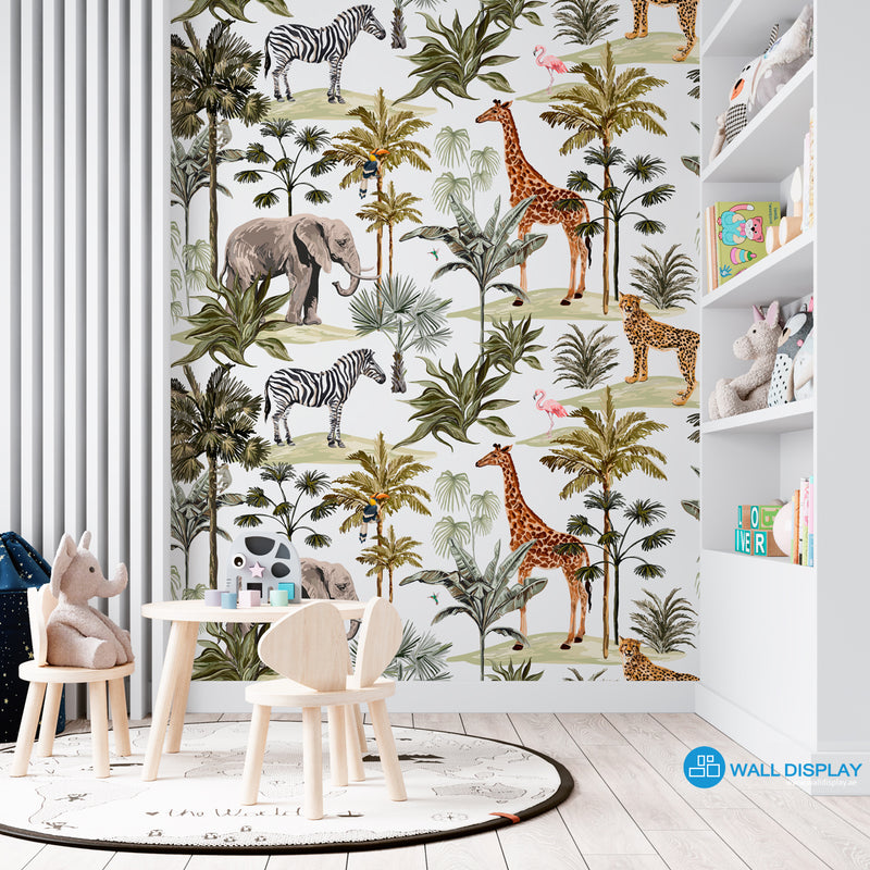 Jungle playground kids wallpaper with giraffe, elephant, zebra, cheetah, flamingo, toucan, palm trees, and tropical leaves on white background.