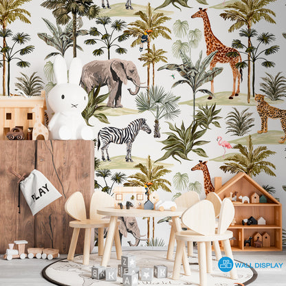 Jungle playground kids wallpaper with giraffe, elephant, zebra, cheetah, flamingo, toucan, palm trees, and tropical leaves on white background.