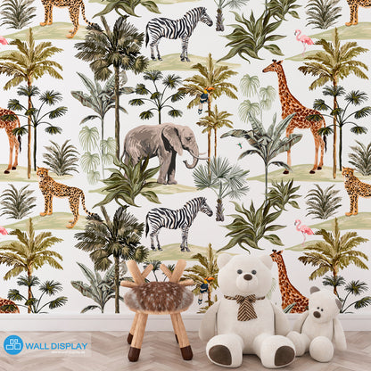 Jungle playground kids wallpaper with giraffe, elephant, zebra, cheetah, flamingo, toucan, palm trees, and tropical leaves on white background.