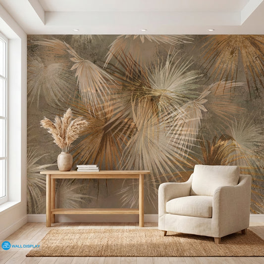 Luxe Earthy Palm Abstract Wall Mural in warm neutral botanical tones