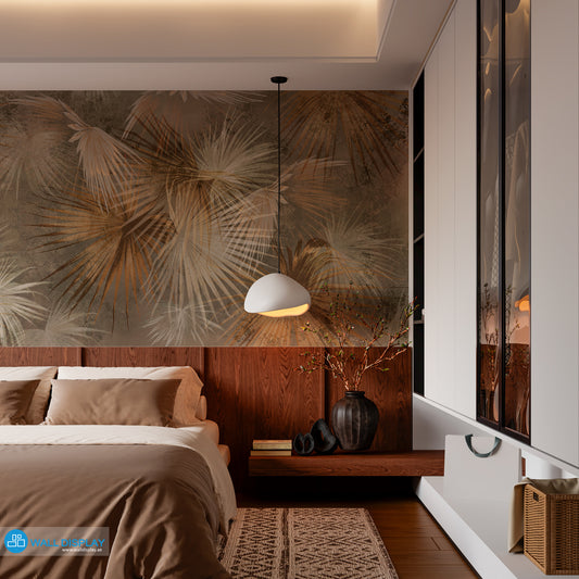 Luxe Earthy Palm Abstract Wall Mural in warm neutral botanical tones
