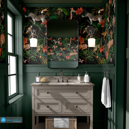 Luxury safari wallpaper mural with giraffe, zebra, elephant, leopard, toucans, tropical leaves, flowers, and black background for feature walls.