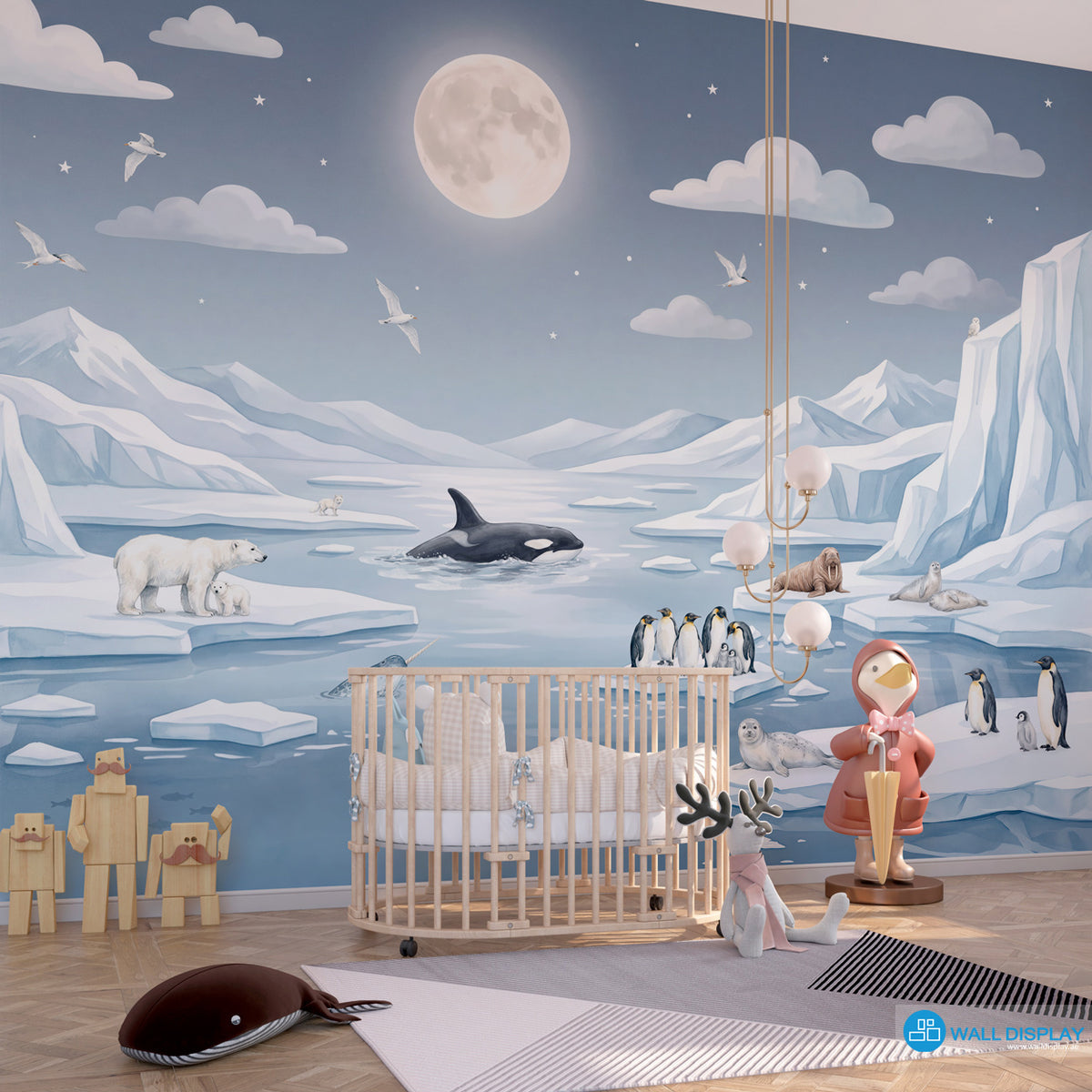 Moonlit Arctic kids wallpaper mural with polar bears, penguins, orca, seals, icy mountains and moonlit sky for Dubai and UAE interiors.