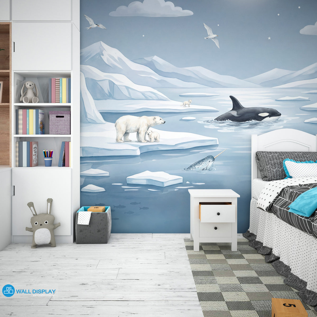 Moonlit Arctic kids wallpaper mural with polar bears, penguins, orca, seals, icy mountains and moonlit sky for Dubai and UAE interiors.