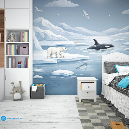 Moonlit Arctic kids wallpaper mural with polar bears, penguins, orca, seals, icy mountains and moonlit sky for Dubai and UAE interiors.