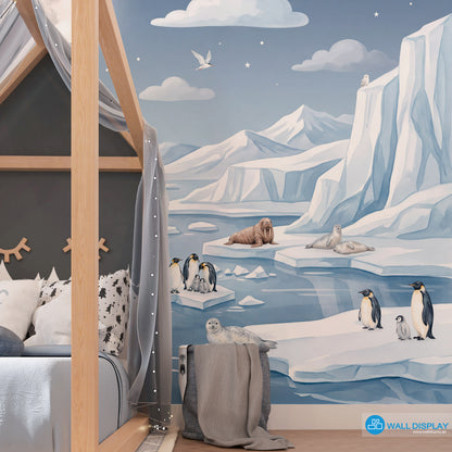 Moonlit Arctic kids wallpaper mural with polar bears, penguins, orca, seals, icy mountains and moonlit sky for Dubai and UAE interiors.