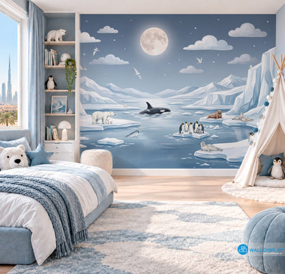 Moonlit Arctic kids wallpaper mural with polar bears, penguins, orca, seals, icy mountains and moonlit sky for Dubai and UAE interiors.