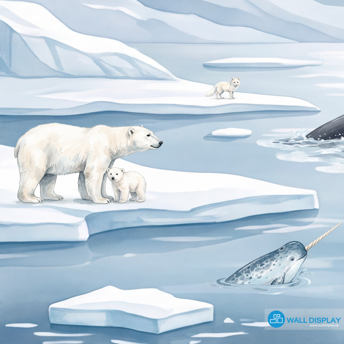 Moonlit Arctic kids wallpaper mural with polar bears, penguins, orca, seals, icy mountains and moonlit sky for Dubai and UAE interiors.