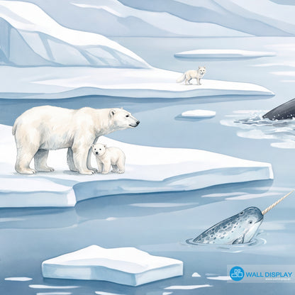 Moonlit Arctic kids wallpaper mural with polar bears, penguins, orca, seals, icy mountains and moonlit sky for Dubai and UAE interiors.