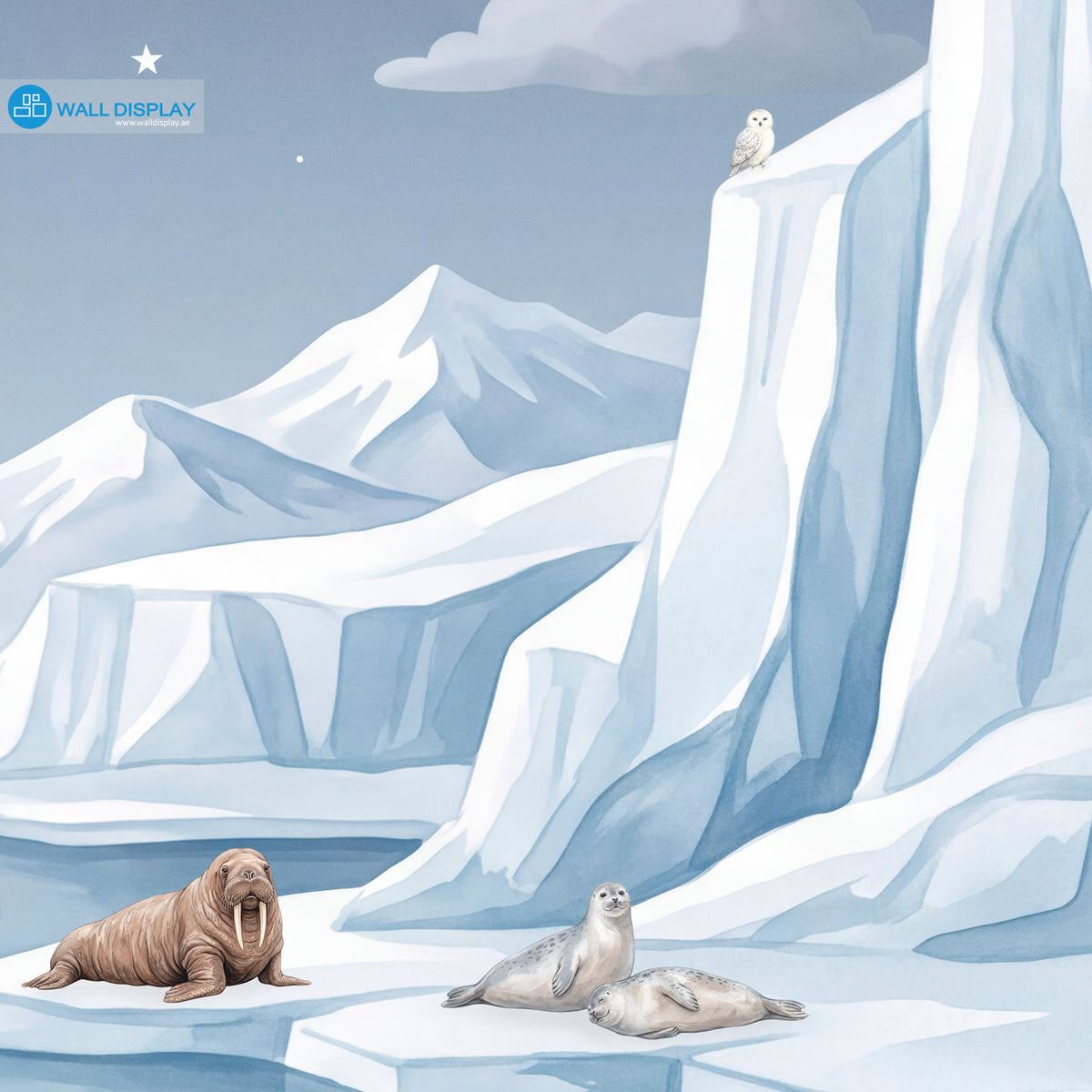 Moonlit Arctic kids wallpaper mural with polar bears, penguins, orca, seals, icy mountains and moonlit sky for Dubai and UAE interiors.