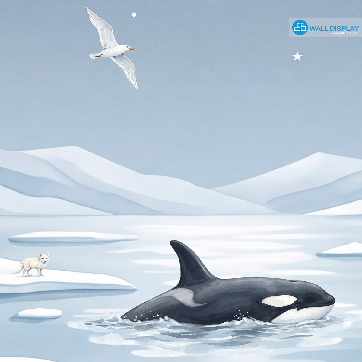 Moonlit Arctic kids wallpaper mural with polar bears, penguins, orca, seals, icy mountains and moonlit sky for Dubai and UAE interiors.