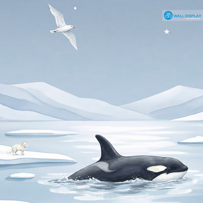 Moonlit Arctic kids wallpaper mural with polar bears, penguins, orca, seals, icy mountains and moonlit sky for Dubai and UAE interiors.