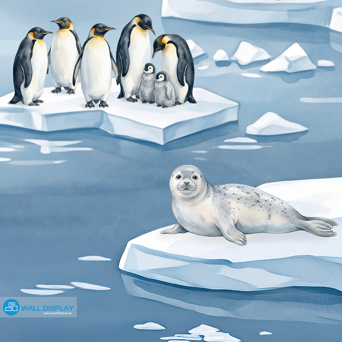 Moonlit Arctic kids wallpaper mural with polar bears, penguins, orca, seals, icy mountains and moonlit sky for Dubai and UAE interiors.