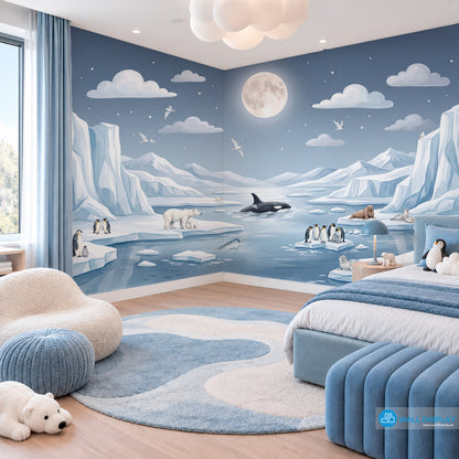 Moonlit Arctic kids wallpaper mural with polar bears, penguins, orca, seals, icy mountains and moonlit sky for Dubai and UAE interiors.