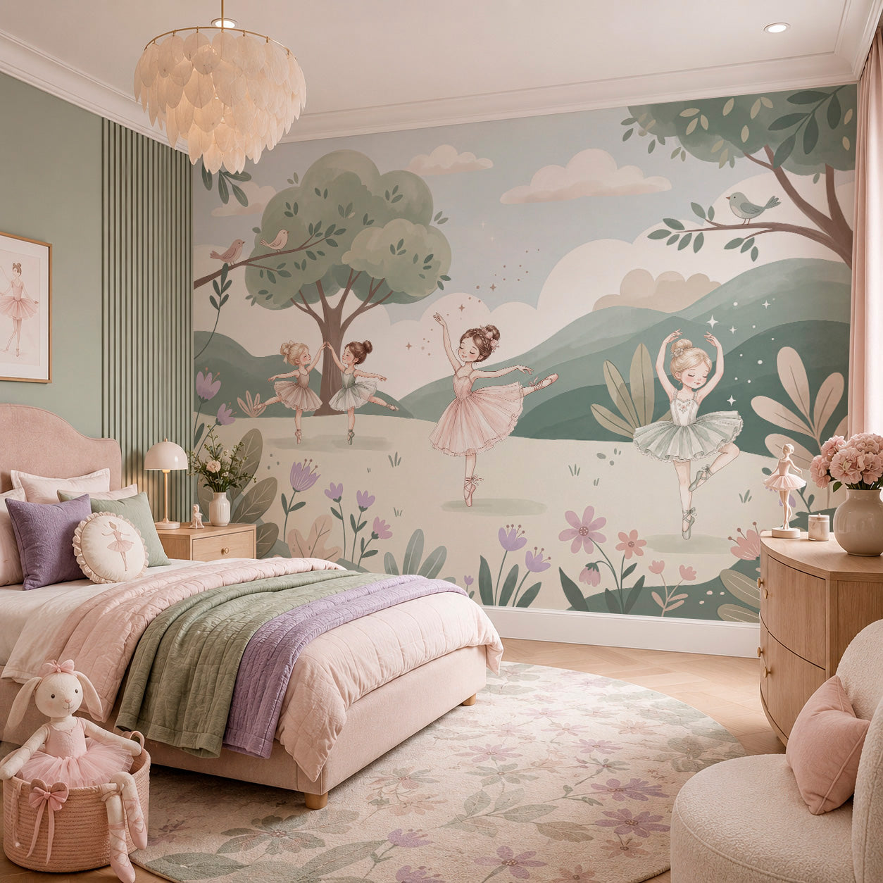 Pastel ballet meadow wallpaper with watercolor ballerinas, flowers, trees, birds, clouds, and soft green hills for girls room and nursery decor.