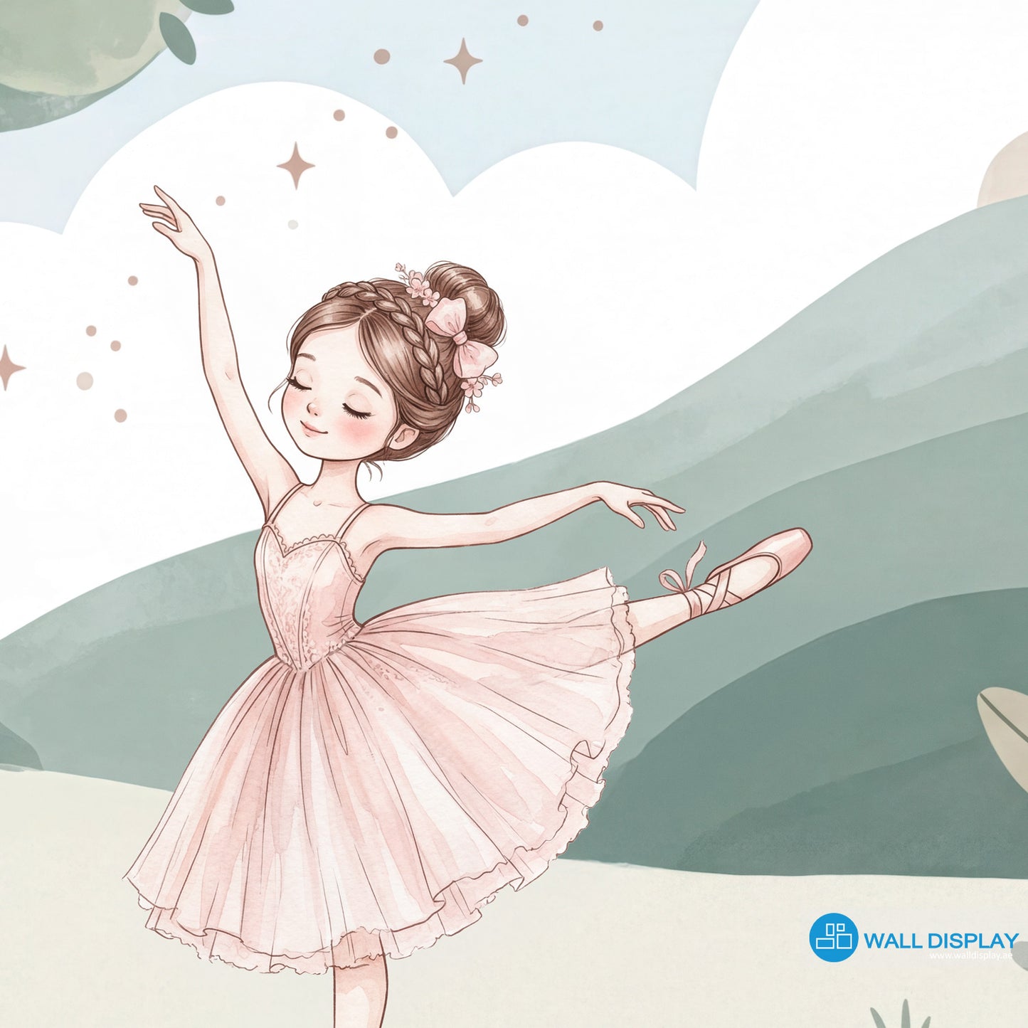 Pastel ballet meadow wallpaper with watercolor ballerinas, flowers, trees, birds, clouds, and soft green hills for girls room and nursery decor.