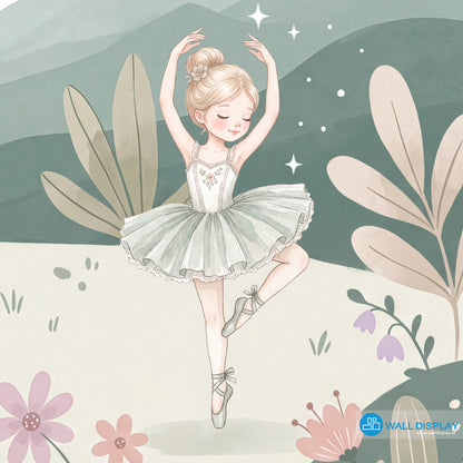 Pastel ballet meadow wallpaper with watercolor ballerinas, flowers, trees, birds, clouds, and soft green hills for girls room and nursery decor.