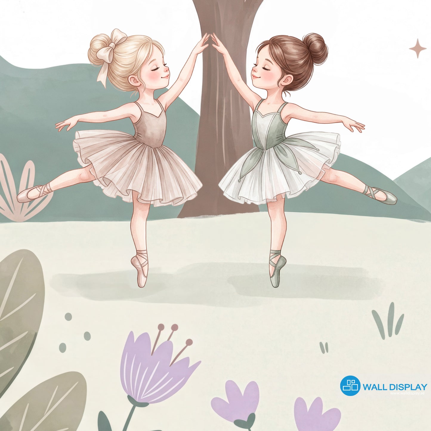 Pastel ballet meadow wallpaper with watercolor ballerinas, flowers, trees, birds, clouds, and soft green hills for girls room and nursery decor.