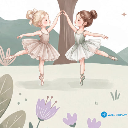 Pastel ballet meadow wallpaper with watercolor ballerinas, flowers, trees, birds, clouds, and soft green hills for girls room and nursery decor.