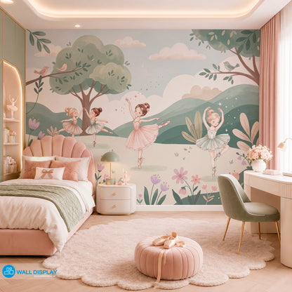 Pastel ballet meadow wallpaper with watercolor ballerinas, flowers, trees, birds, clouds, and soft green hills for girls room and nursery decor.