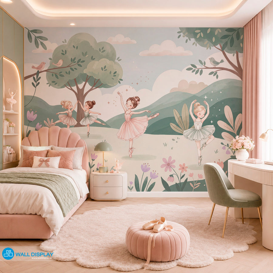 Pastel ballet meadow wallpaper with watercolor ballerinas, flowers, trees, birds, clouds, and soft green hills for girls room and nursery decor.