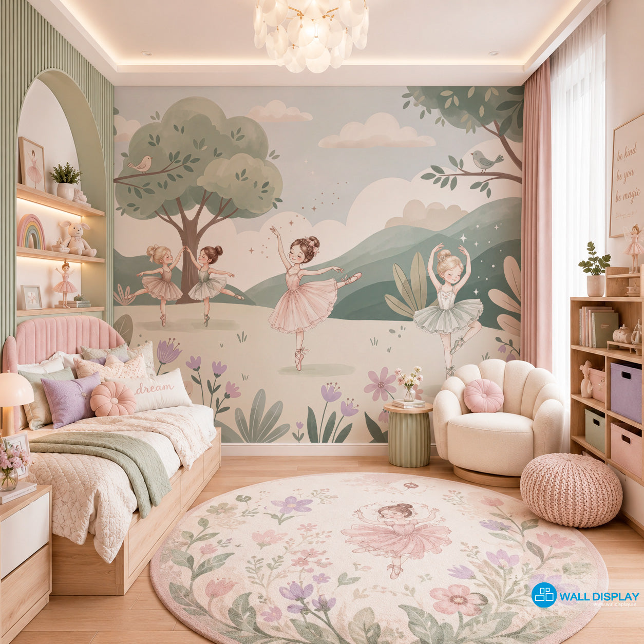 Pastel ballet meadow wallpaper with watercolor ballerinas, flowers, trees, birds, clouds, and soft green hills for girls room and nursery decor.