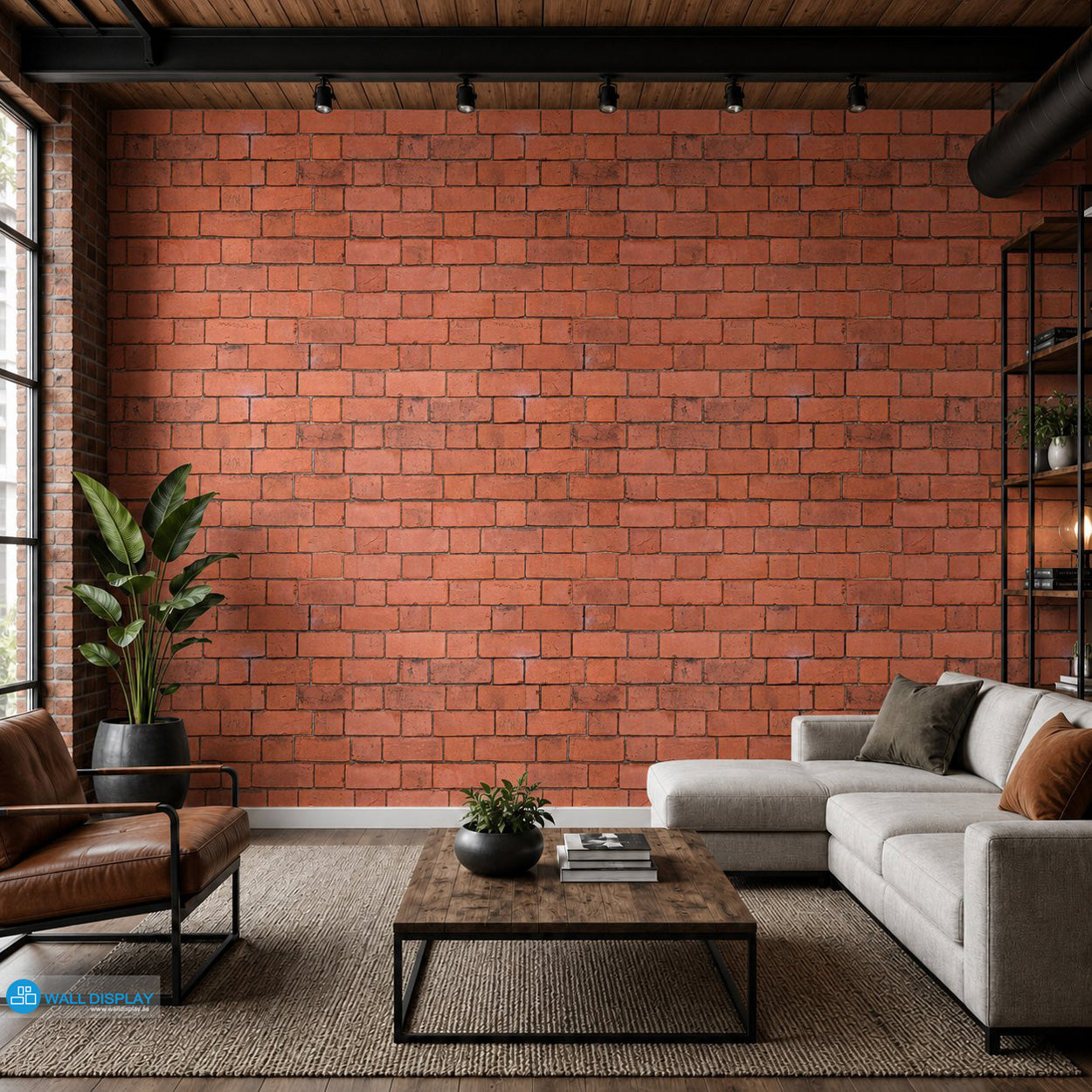 Red bricks wall pattern wallpaper with realistic exposed brick texture for kitchen, dining room, café, bathroom, and industrial feature wall interiors.