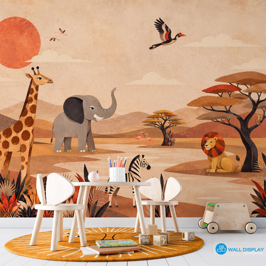 Retro Safari Adventure Wall Mural with giraffe, elephant, zebra, lion, flamingos and acacia trees in a warm vintage collage style