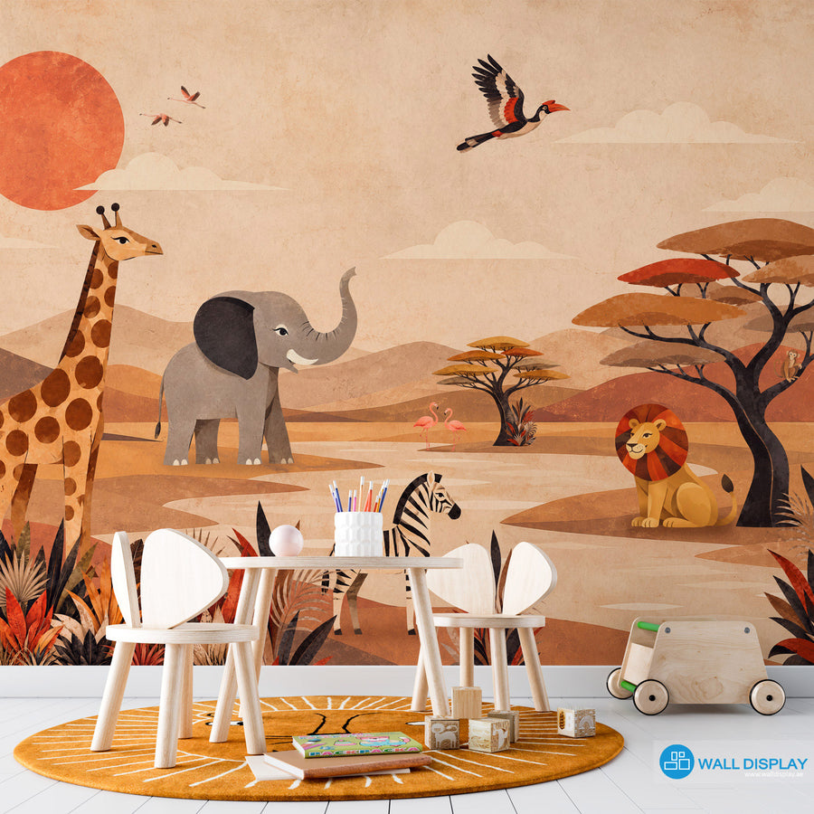 Retro Safari Adventure Wall Mural with giraffe, elephant, zebra, lion, flamingos and acacia trees in a warm vintage collage style