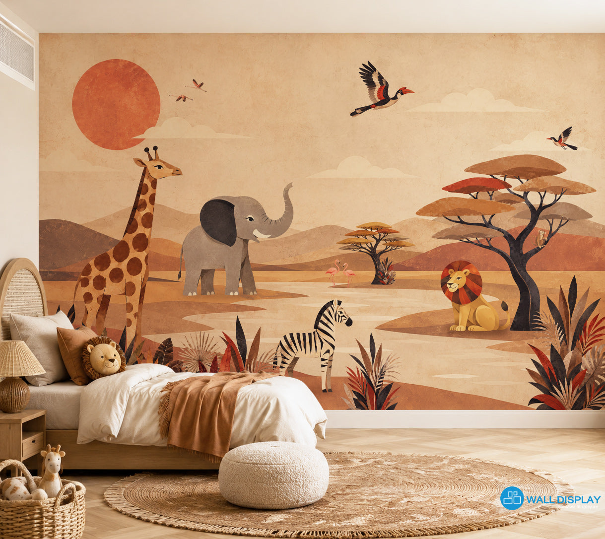 Retro Safari Adventure Wall Mural with giraffe, elephant, zebra, lion, flamingos and acacia trees in a warm vintage collage style