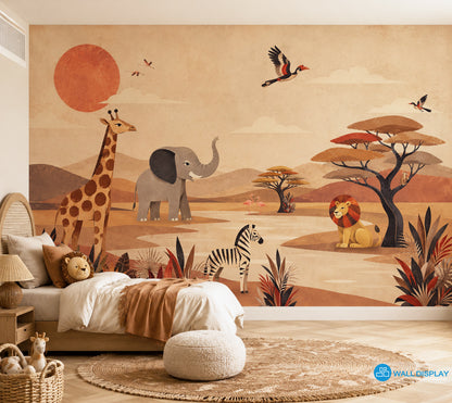 Retro Safari Adventure Wall Mural with giraffe, elephant, zebra, lion, flamingos and acacia trees in a warm vintage collage style