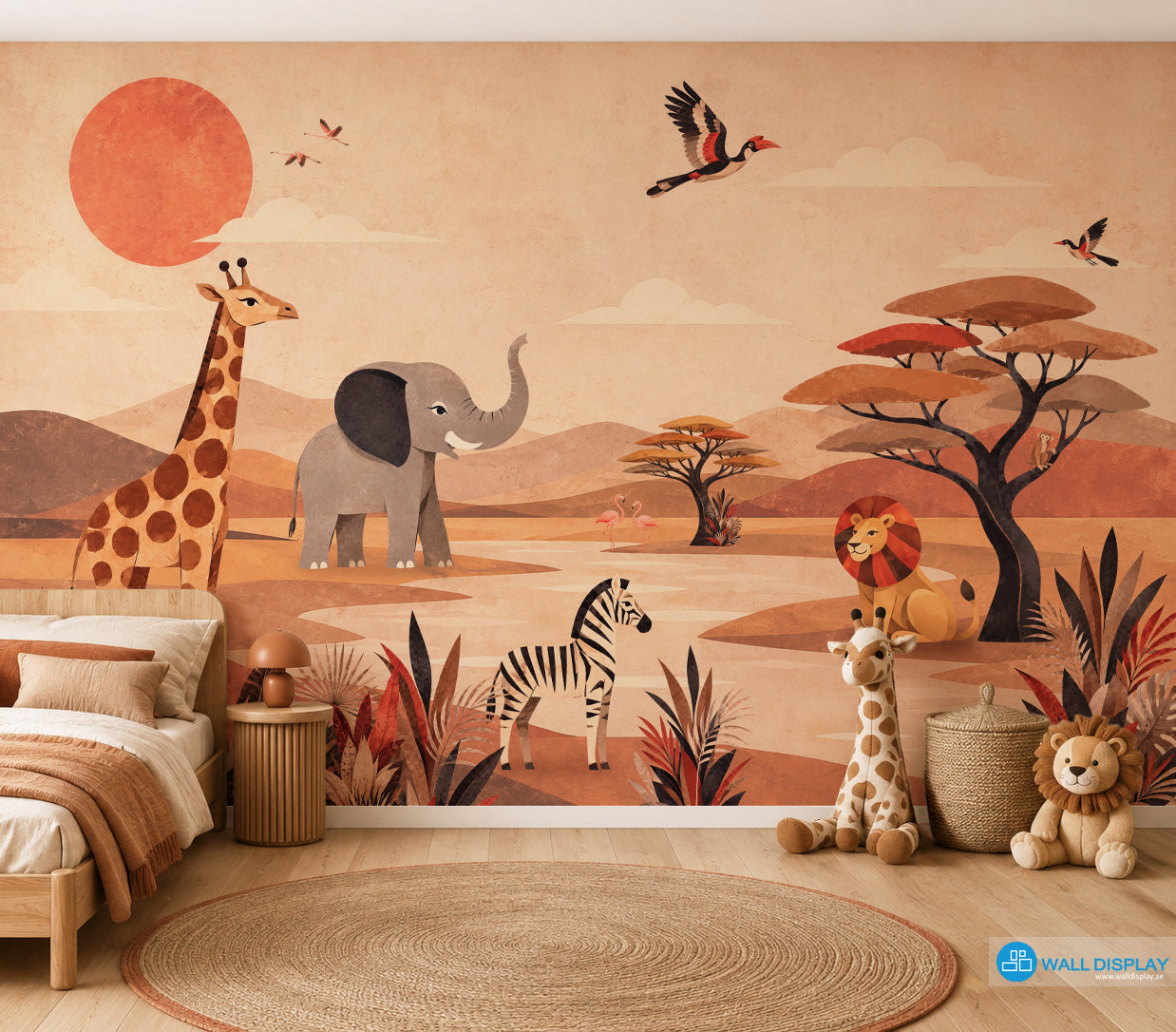 Retro Safari Adventure Wall Mural with giraffe, elephant, zebra, lion, flamingos and acacia trees in a warm vintage collage style