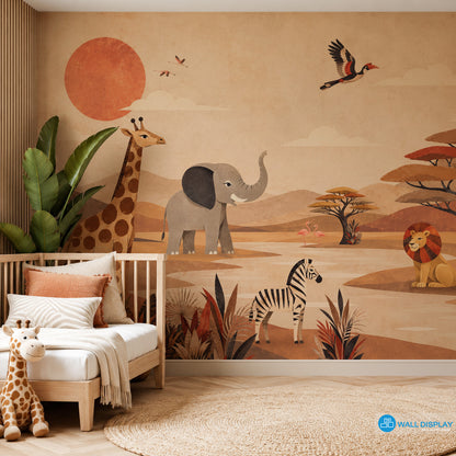 Retro Safari Adventure Wall Mural with giraffe, elephant, zebra, lion, flamingos and acacia trees in a warm vintage collage style