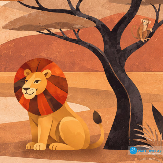 Retro Safari Adventure Wall Mural with giraffe, elephant, zebra, lion, flamingos and acacia trees in a warm vintage collage style