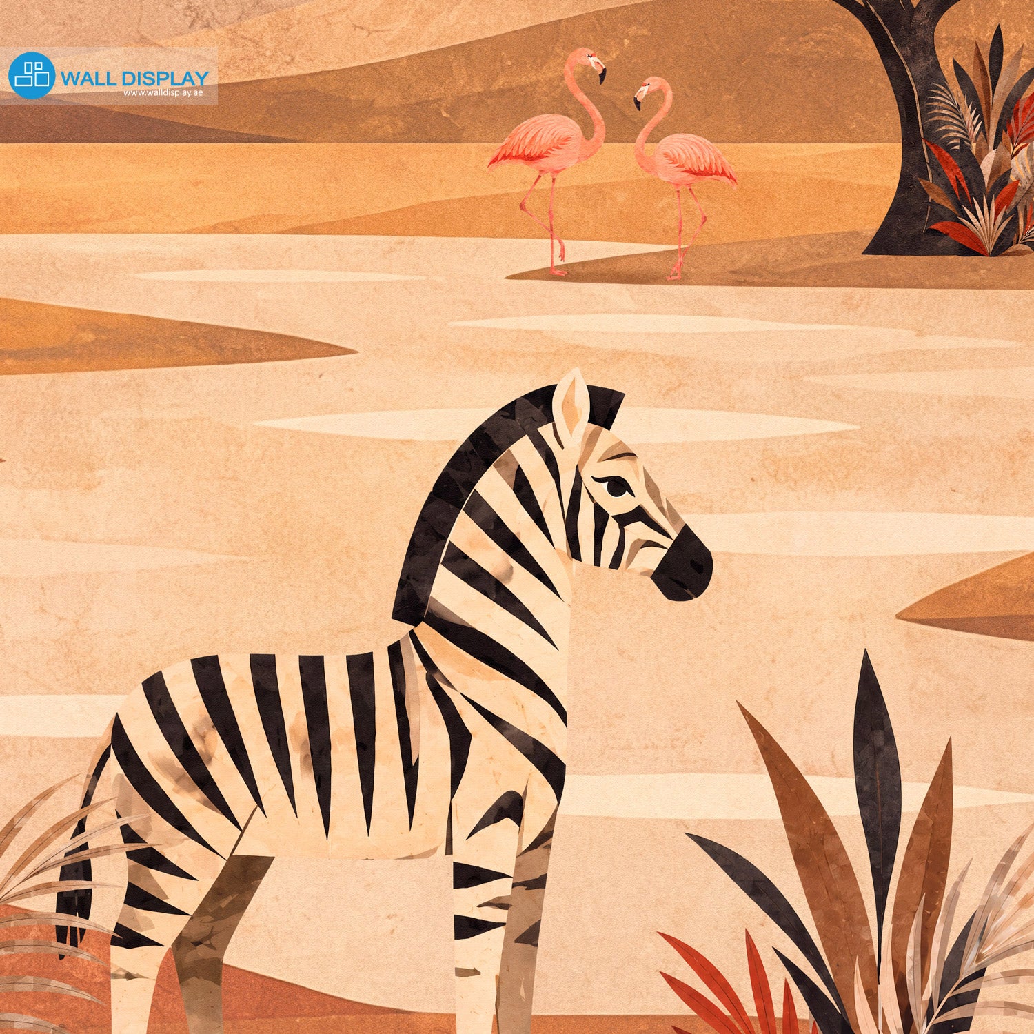 Retro Safari Adventure Wall Mural with giraffe, elephant, zebra, lion, flamingos and acacia trees in a warm vintage collage style