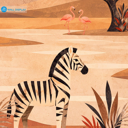 Retro Safari Adventure Wall Mural with giraffe, elephant, zebra, lion, flamingos and acacia trees in a warm vintage collage style