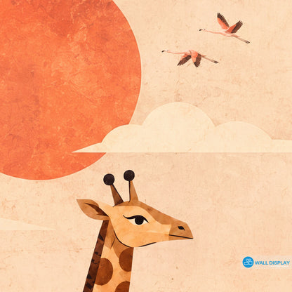 Retro Safari Adventure Wall Mural with giraffe, elephant, zebra, lion, flamingos and acacia trees in a warm vintage collage style